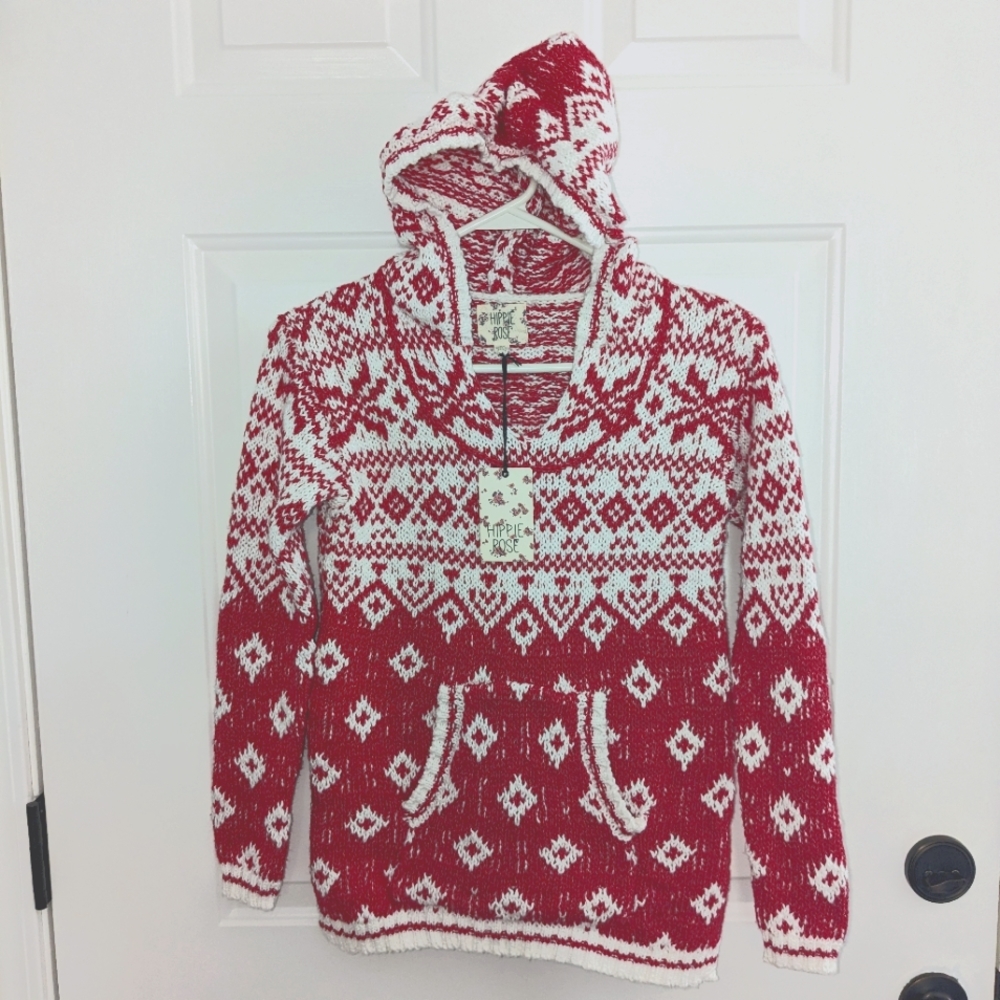 Hippie Rose NWT red & white knit Hooded Sweater size XS